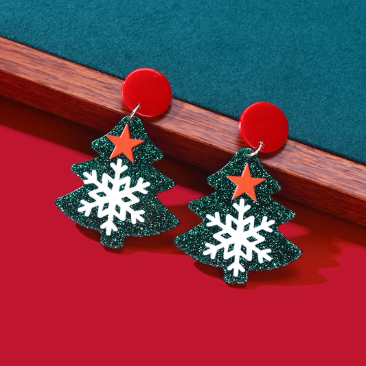 Green Christmas Tree with Star Snowflake Acrylic Stud Earrings Festival JewelryFestival Jewelry