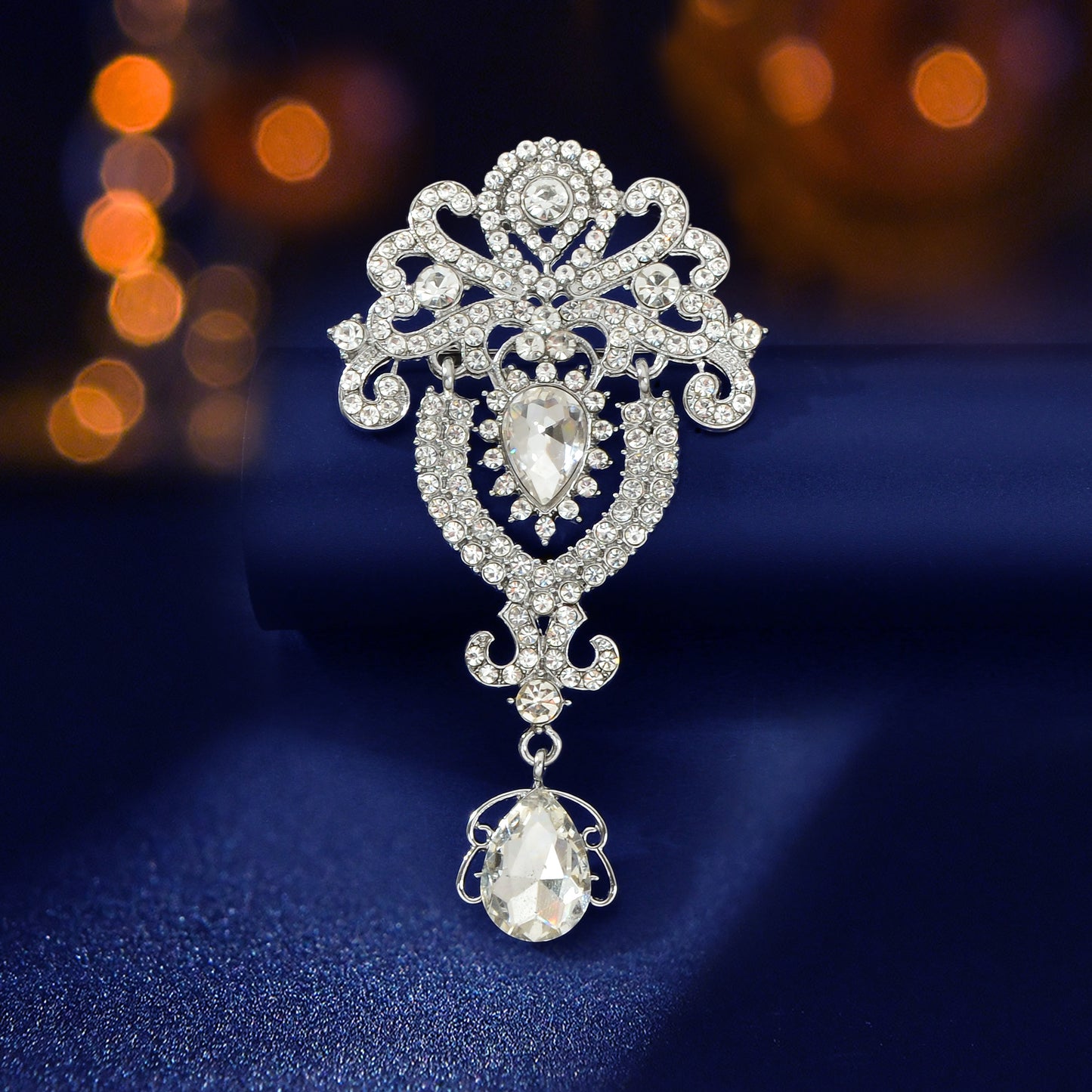 Luxurious Rhinestone Decor Silvery Flower Water Drop Design Brooch Pin Women Banquet Jewelry Accessories