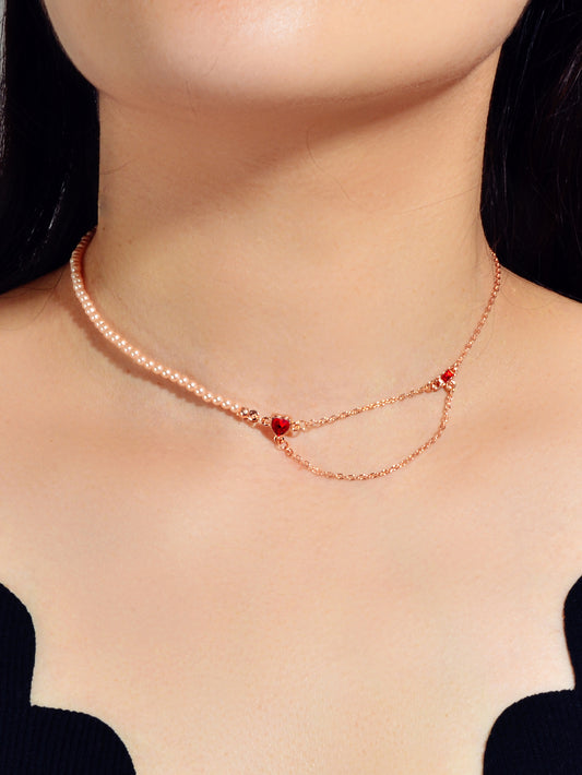 Perfect Engagement Gift Rosegold Chain Pearl Heart Sqaure Red Crystal Necklace