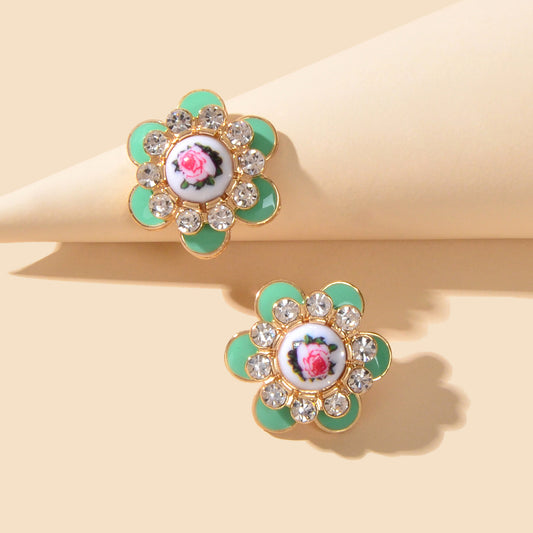 Bohemian Ethnic Rhinestone Decoration Green Enamel Flower Stud Festival Earrings