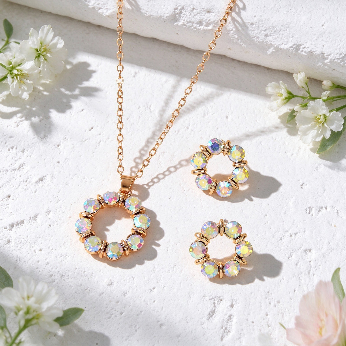 Glitter Flower Stud Earrings Pendant Necklace Jewellery Set Wedding Accessories