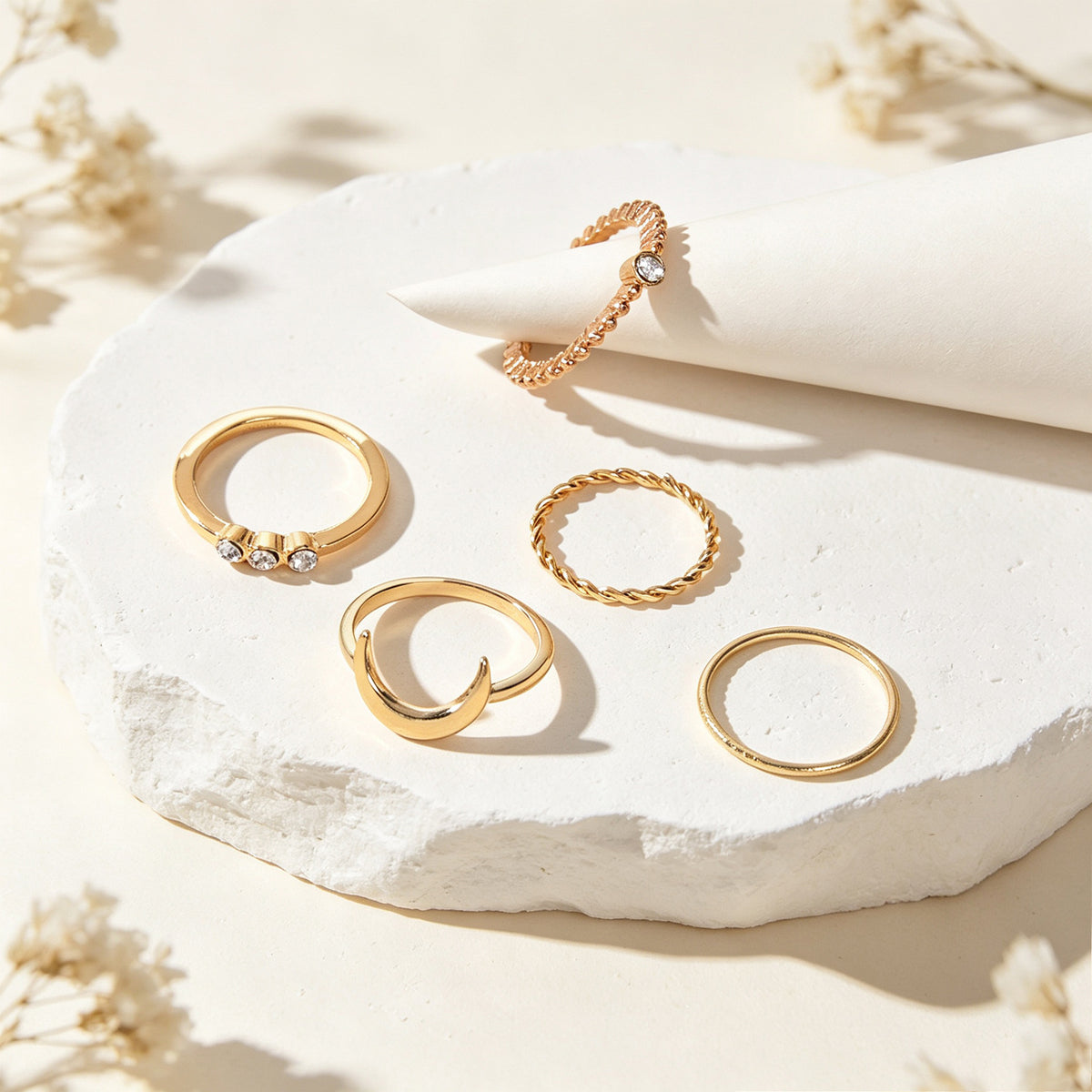 5pcs Gold Stackable Midi Finger Rings Moon Rhinestone Decor Minimalist Jewellery