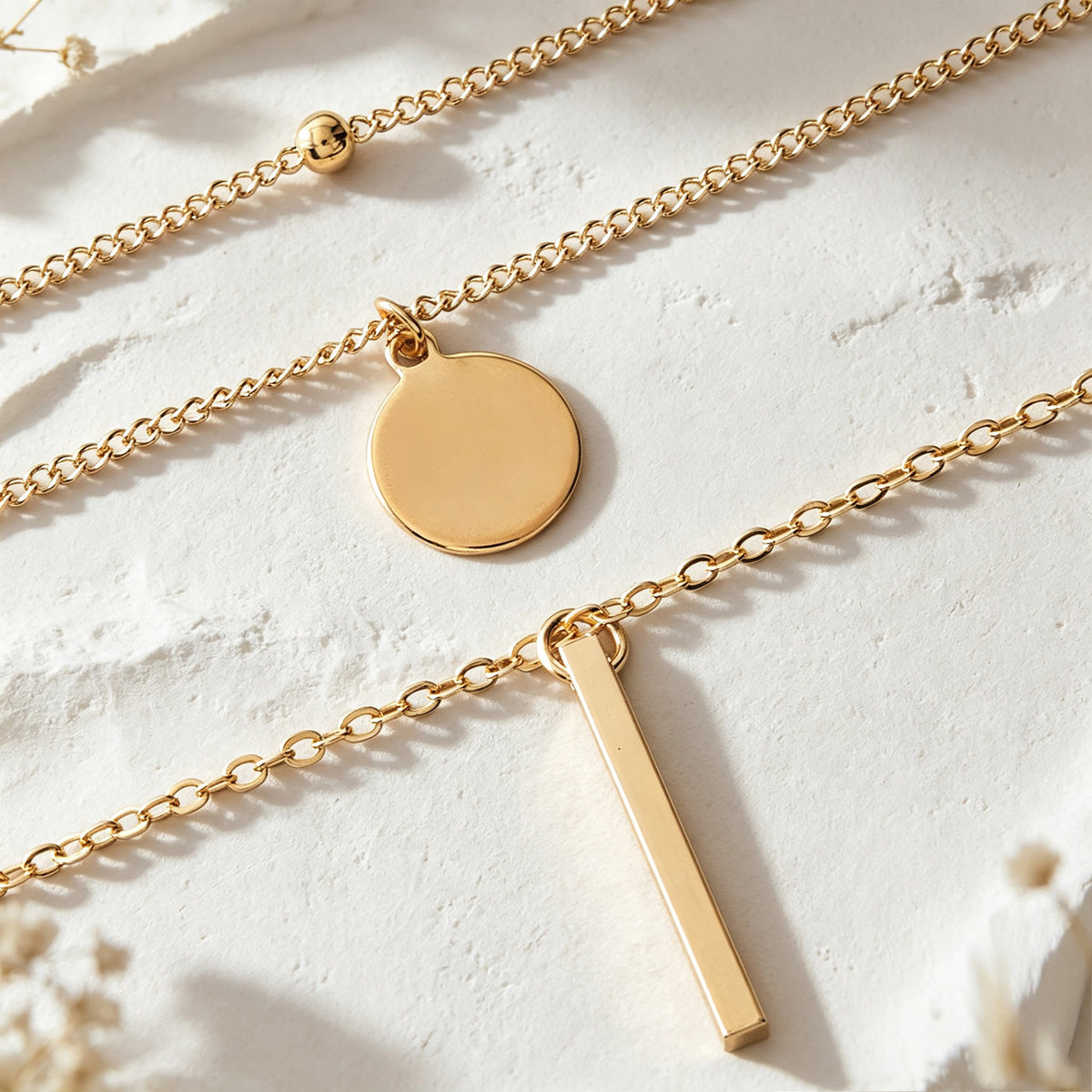 Minimalist Gold Silver Round Disc Bar Pendant Necklaces set Daily Party Jewelry