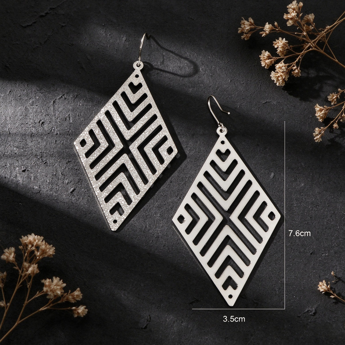 Rhombus Hollow Geometric Large Dangle Earring Black Silver Gold Vacation Jewelry