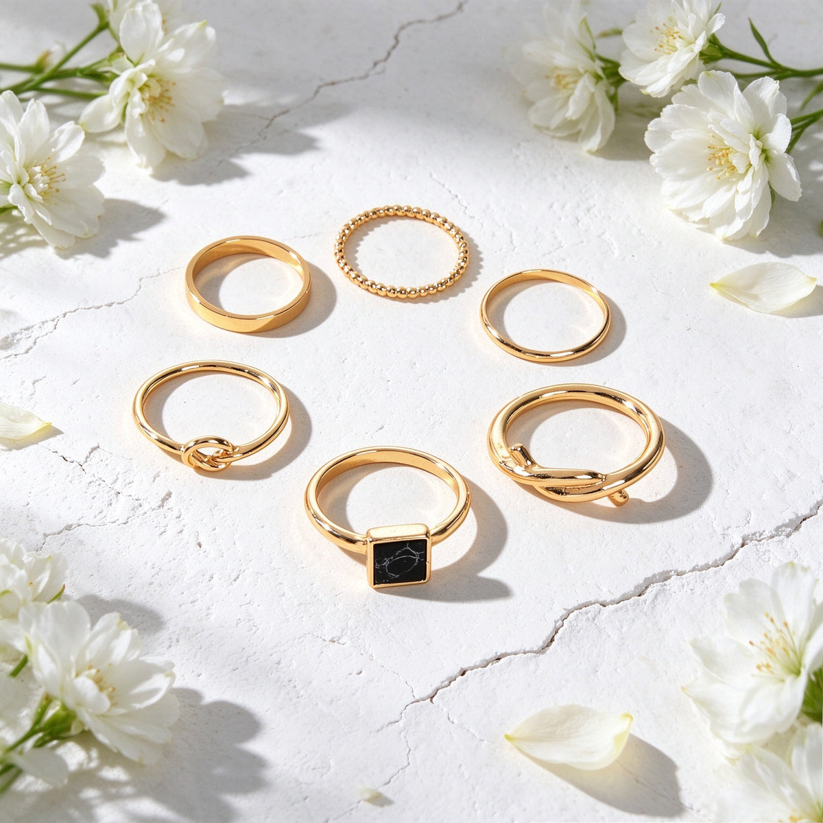 6pcs Minimalist Black Square Geometric Silver Gold Stackable Knotted Finger Ring