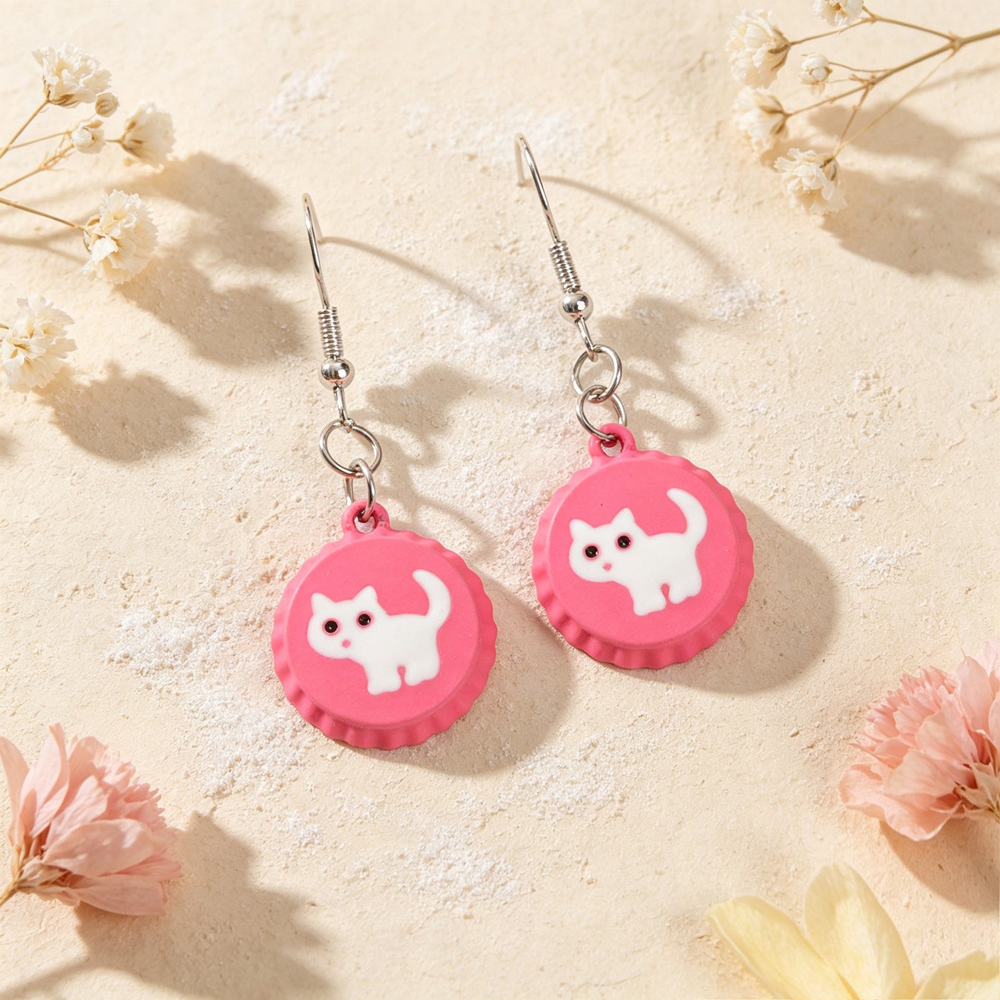 Cute White Cat Hotpink Bottle Cap Dangle Earrings Sweet Jewelry for Daily Party Gift