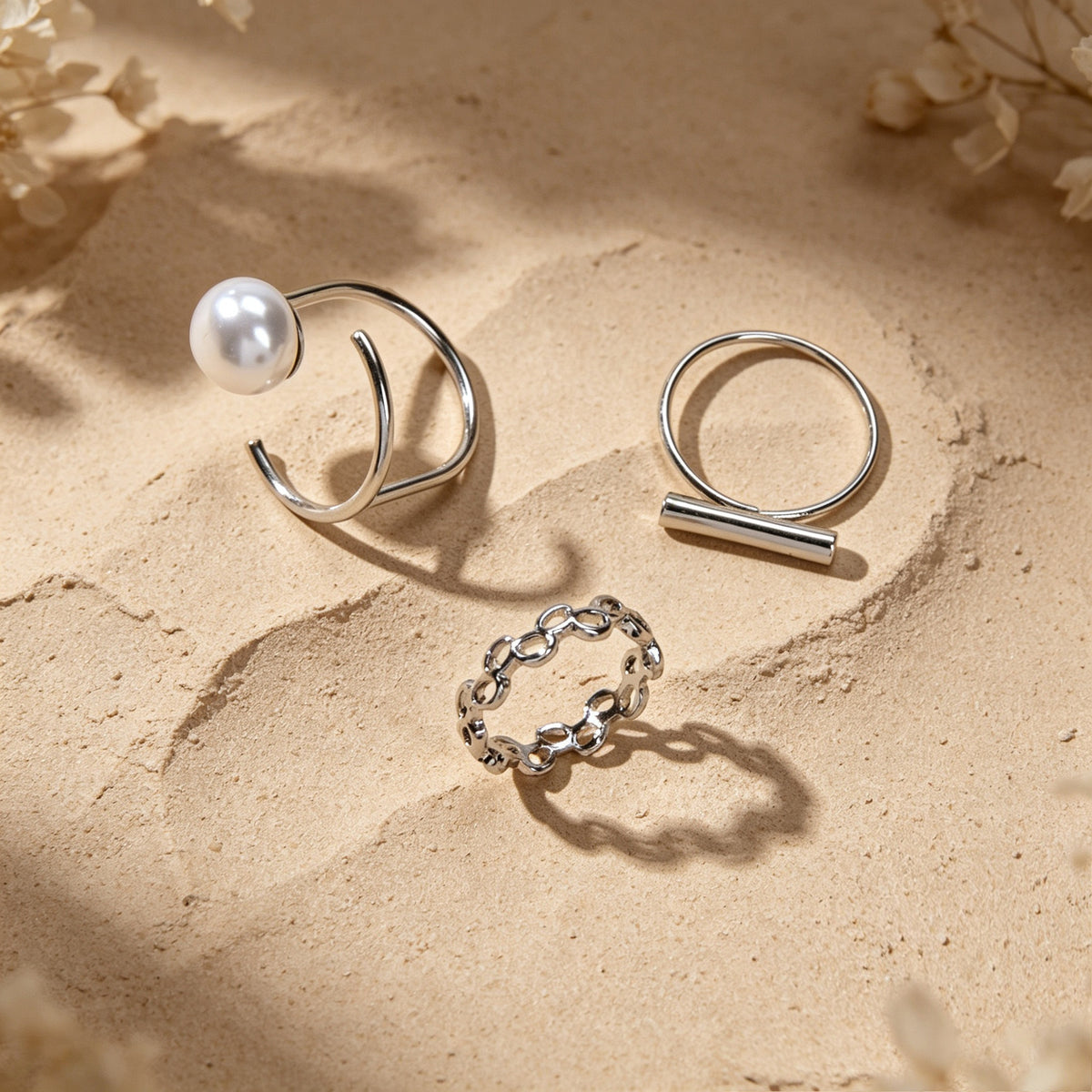 3pcs Minimalist Jewellery Imitation Pearl Bar Decor Stackable Midi Finger Rings
