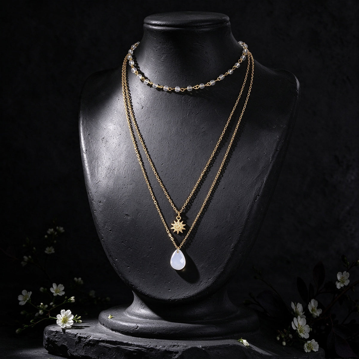 Beads Sun Water Drop Gold Silver Layered Necklace Boho Beach Vacation Jewellery