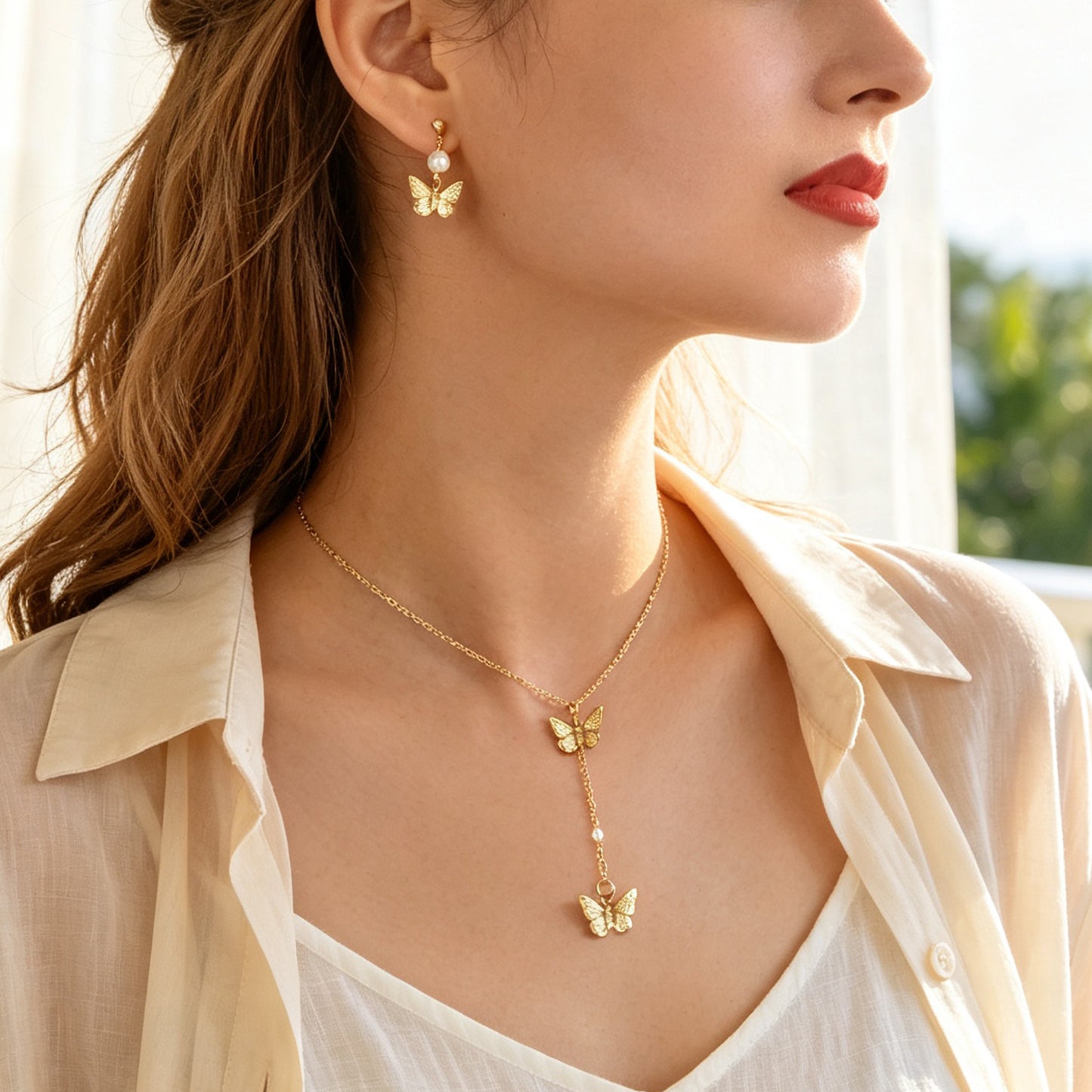 Gold Butterfly Set Y Drop Necklace Pearl Dangle Earrings Wedding Party Accessory