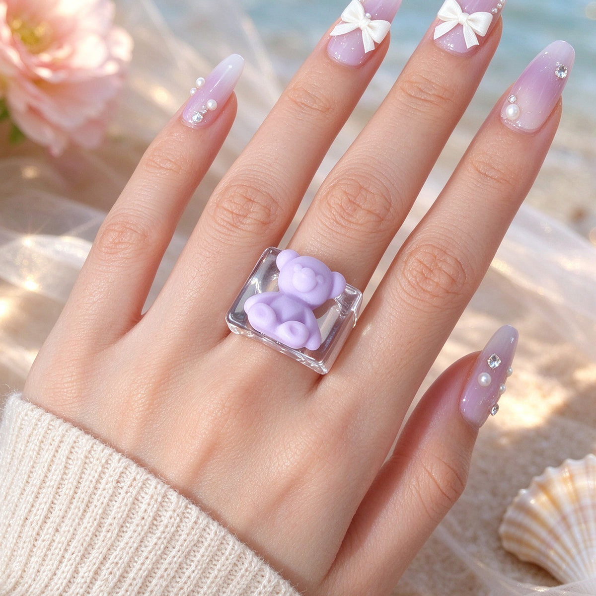 Cute Bear Cartoon Decor Clear Resin Chunky Finger Ring Y2k Cosplay Jewelry Gift