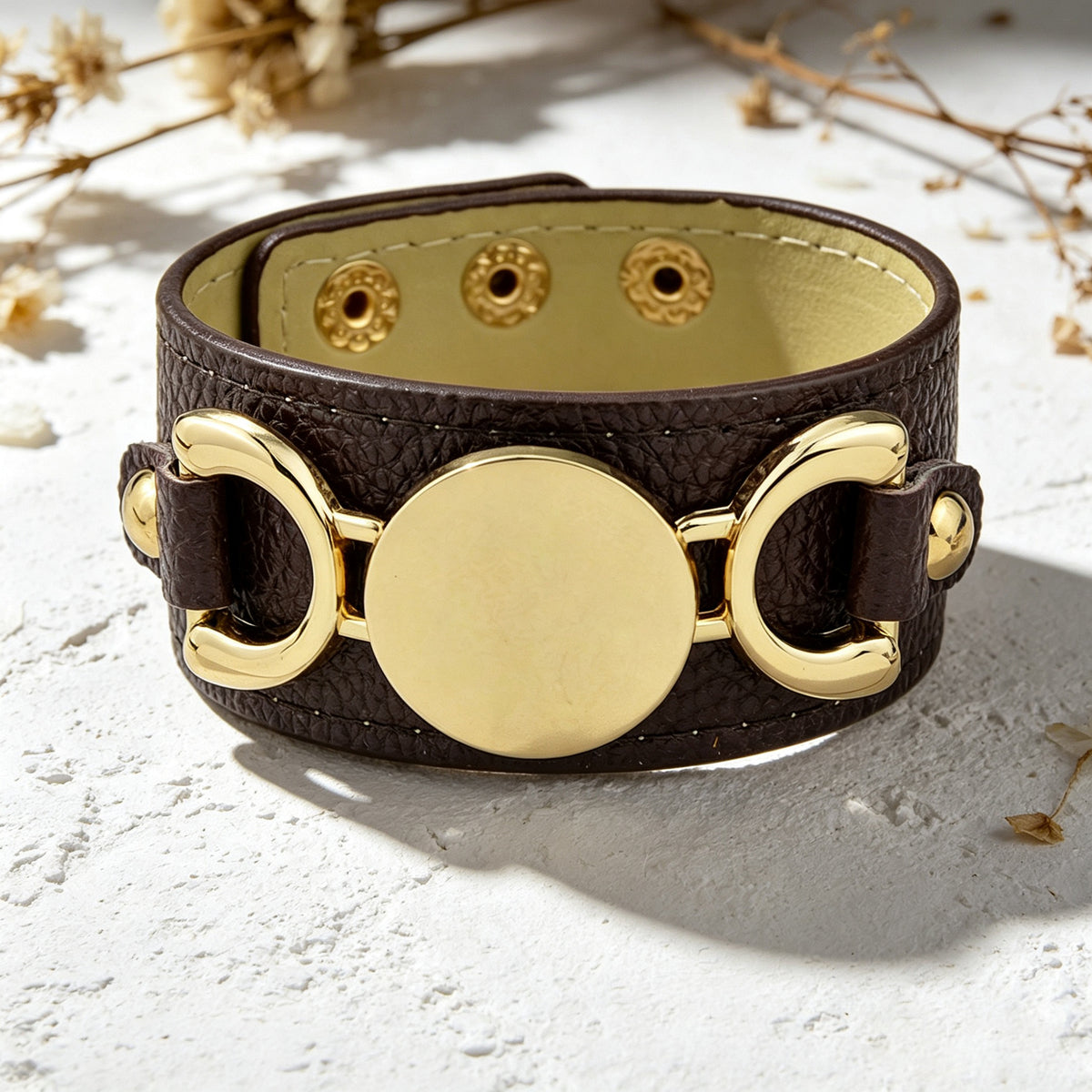 PU Leather Adjustable Wide Bracelet Punk Metal Round Geometric Wrist Accessories