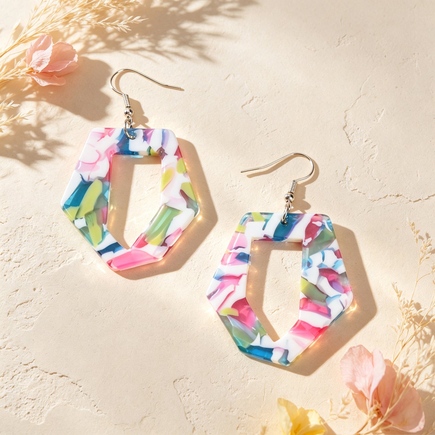 Irregular Geometric Shape Colorful Stone Vein Acrylic Earrings  Beach Vacation Pool Party Jewelry
