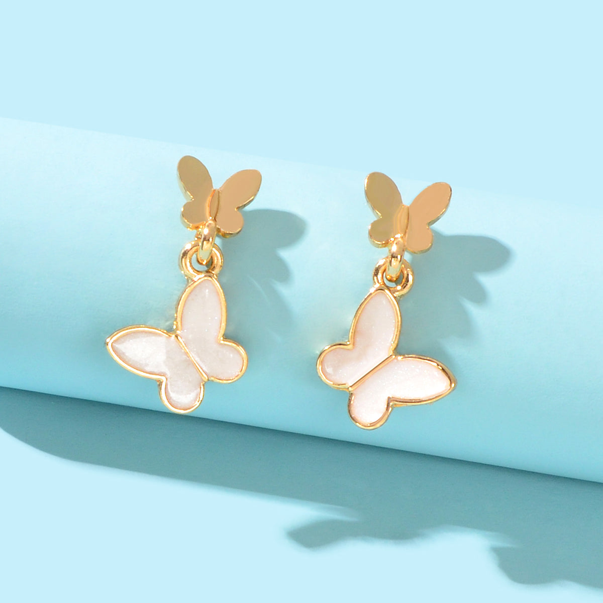 Delicate White Enamel Gold Plated Butterfly Charm Stud Earrings Girl Dainty Gift
