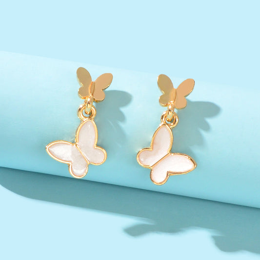 Delicate White Enamel Gold Plated Butterfly Charm Stud Earrings Girl Dainty Gift