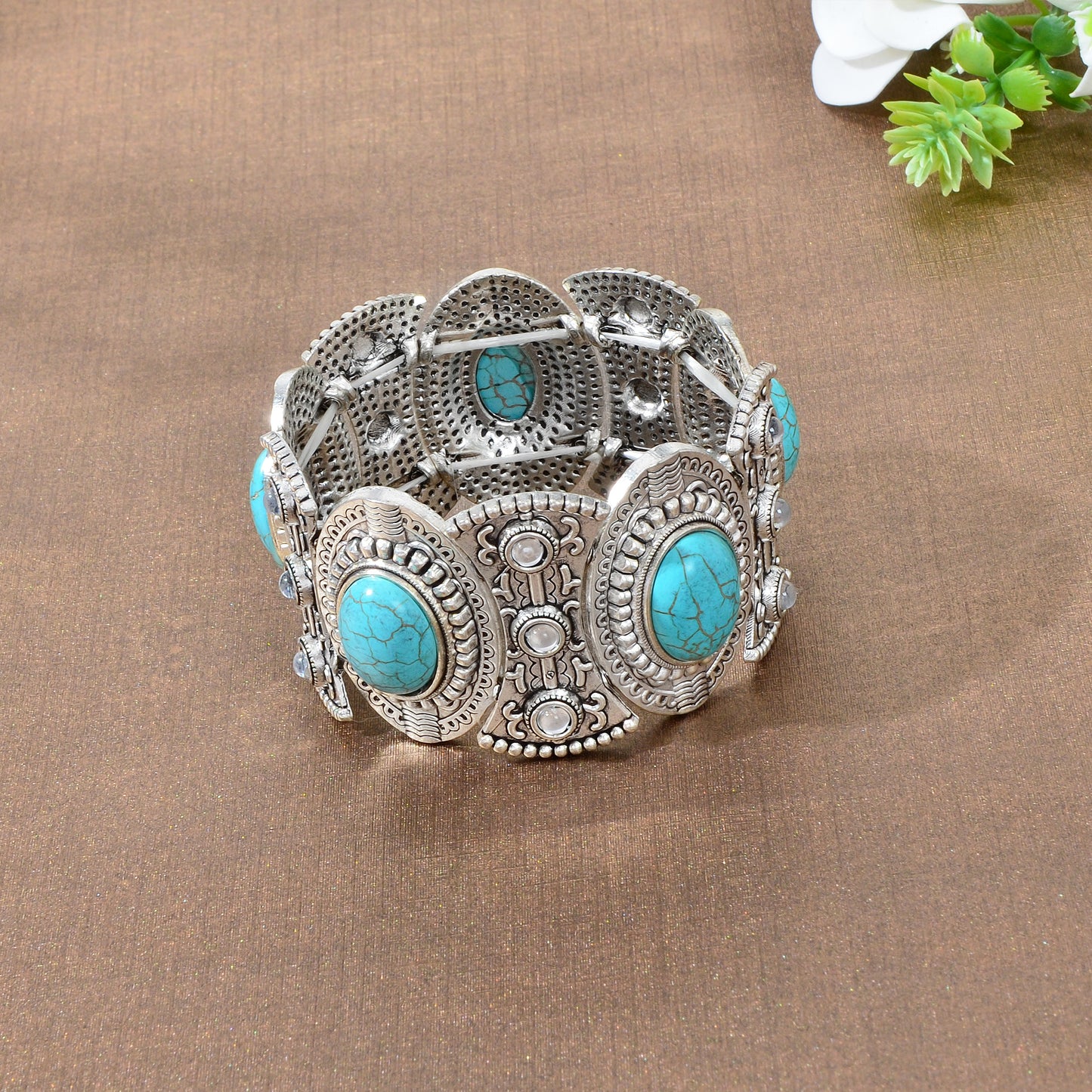 Turquoise Decor Carved Antique Silver Wide Chunky Bohemia Elastic Bangle