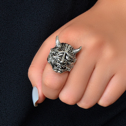 Steampunk Hip Hop Style Antique Silver Exaggerated Monster Head Horn Finger Ring