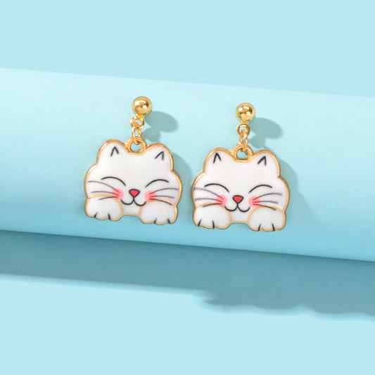 Lovely White Enamel Pet Animal Dangling Charm Earrings Girls Dainty Cat Jewelry
