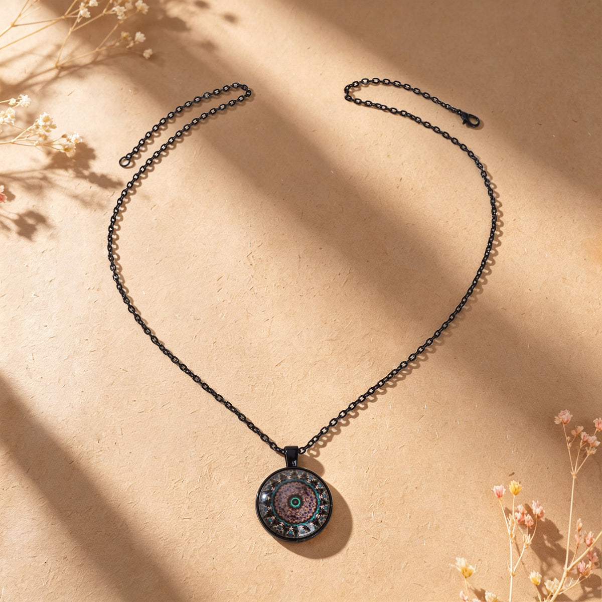Black Long Chain Antique Colorful Floral Pattern Round Pendant Ethnic Necklace