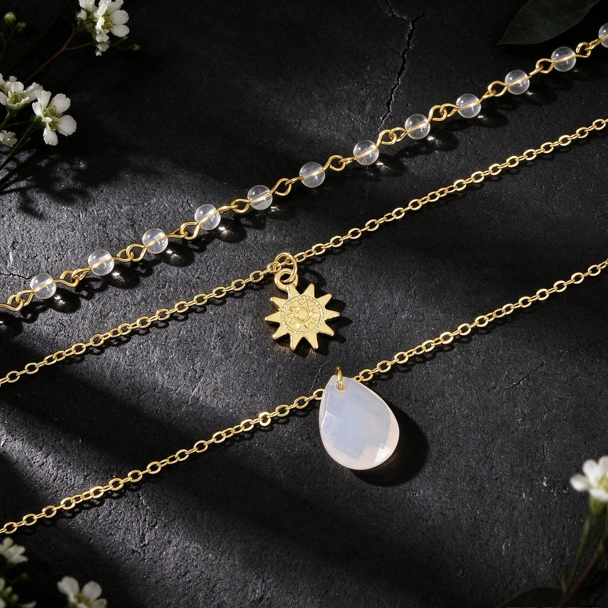 Beads Sun Water Drop Gold Silver Layered Necklace Boho Beach Vacation Jewellery