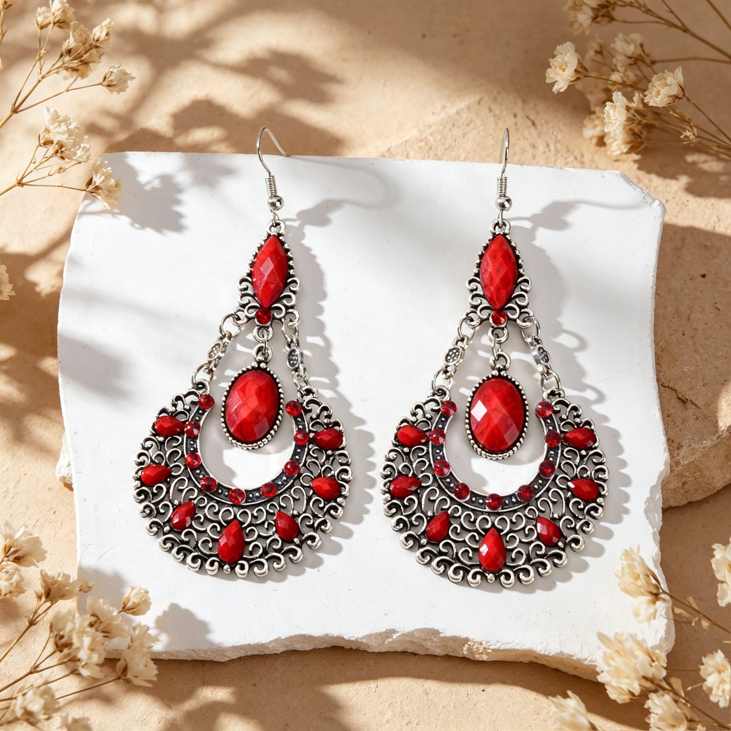 Boho Beads Decor Antique Silver Water Drop Dangle Earrings Beach Vacation Travel Jewelry