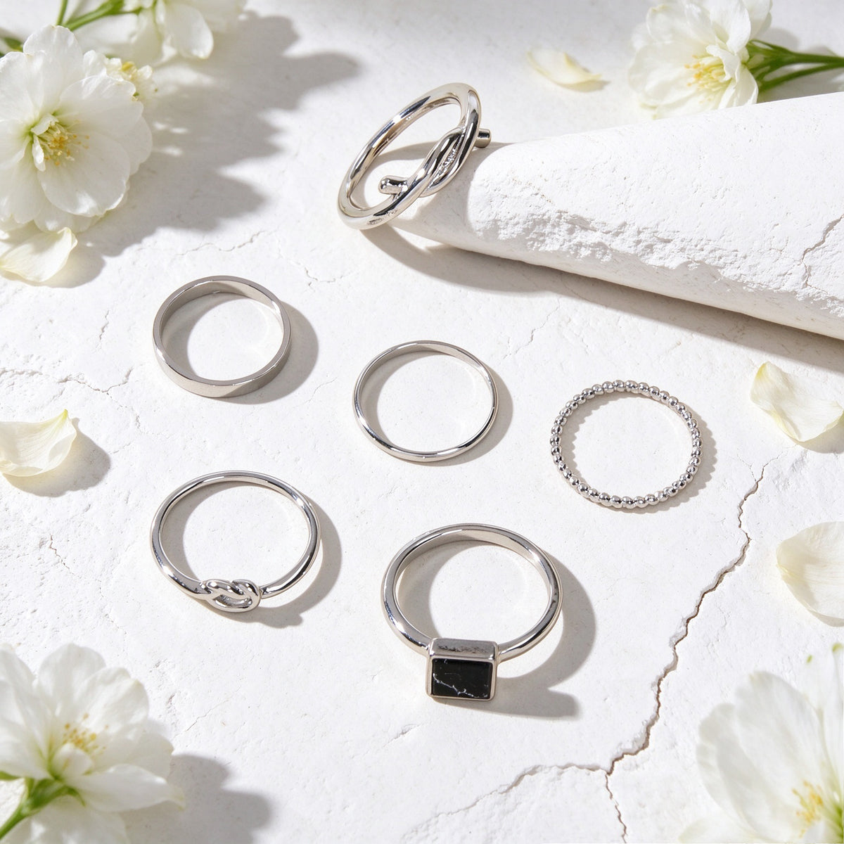 6pcs Minimalist Black Square Geometric Silver Gold Stackable Knotted Finger Ring