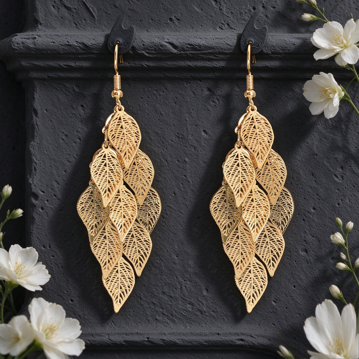 Hollow Multi Layer Leaf Tassel Dangle Earrings Boho Vacation Party Jewelry Gift