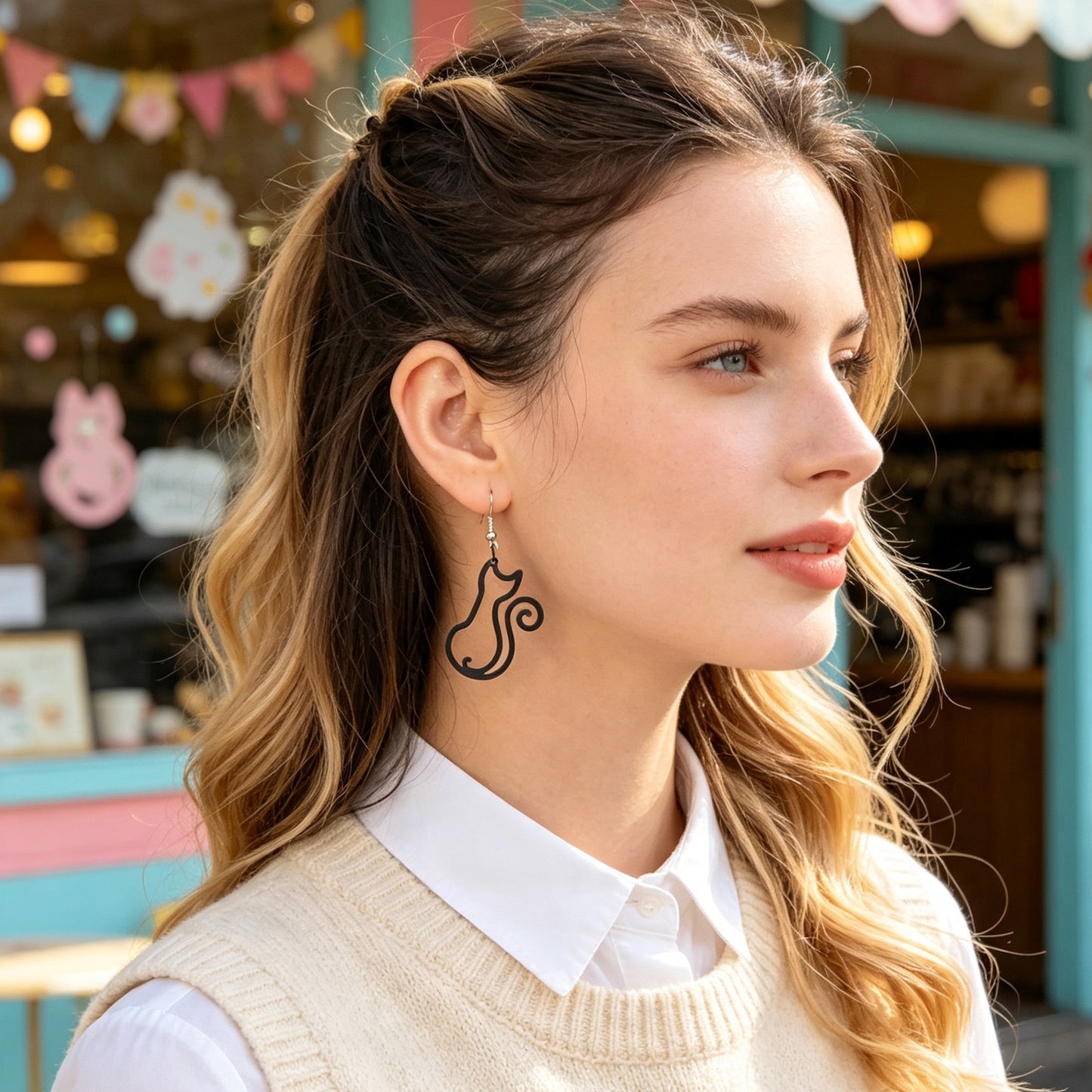 Hollow Cat Dangle Earrings Cute Animal Theme Accessory Minimalist Daily Party Jewelry Gift