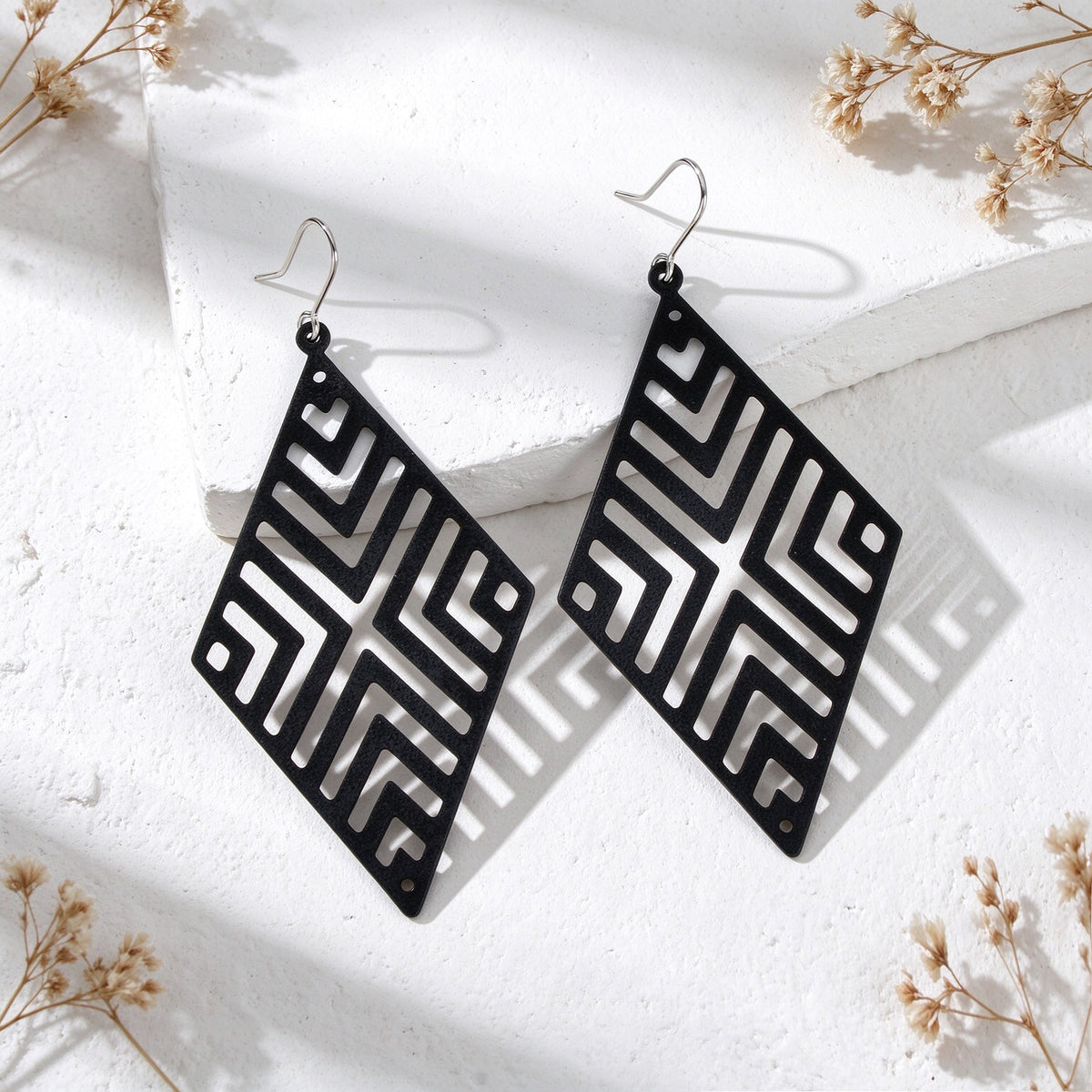 Rhombus Hollow Geometric Large Dangle Earring Black Silver Gold Vacation Jewelry