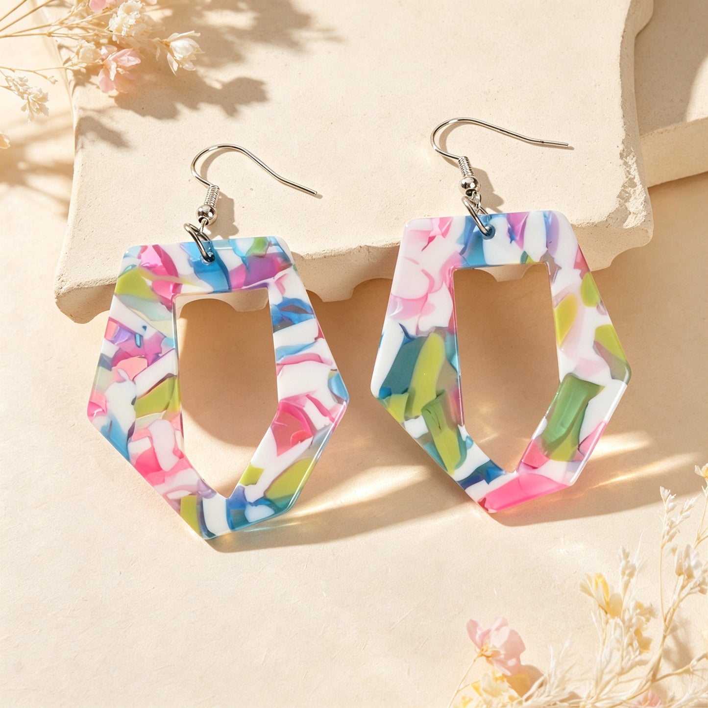 Irregular Geometric Shape Colorful Stone Vein Acrylic Earrings  Beach Vacation Pool Party Jewelry