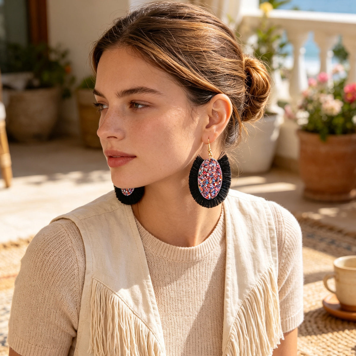 Boho Colorful Tassel Sequin Oval Dangle Earrings Chunky Summer Beach Vacation Statement Jewelry