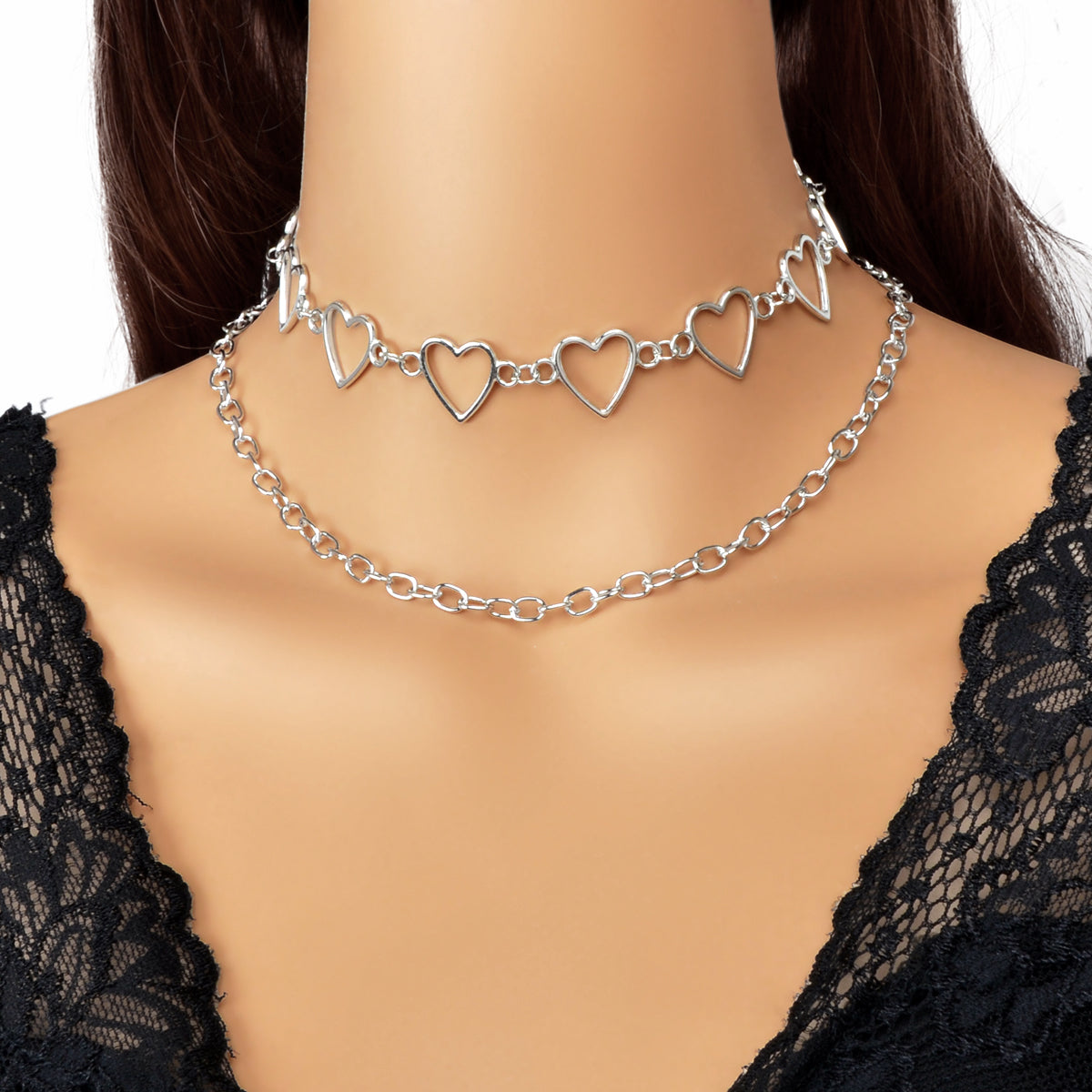 2pcs Gold Hollow out Heart Double layer Chain Clavicle Necklace Trendy Jewellery
