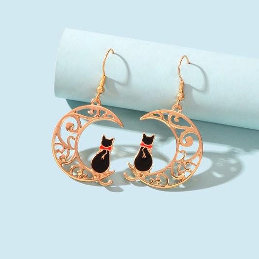 Cartoon Design Gold Hollow out Moon Black Cat Dangling Earrings Gift for Women
