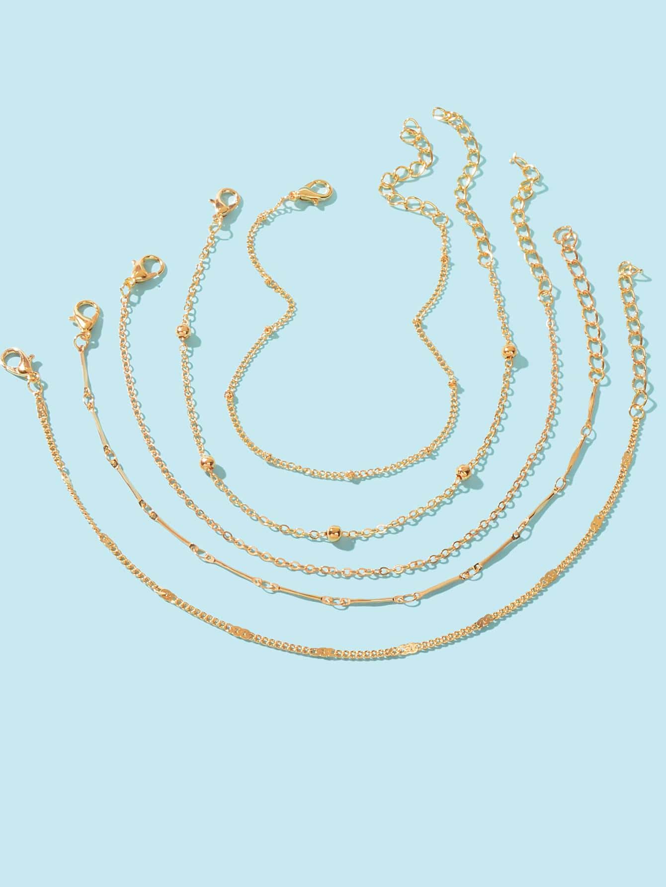 5 pcs Layered Multiple Silver Chain Stackable Anklets Beach Foot Jewellery