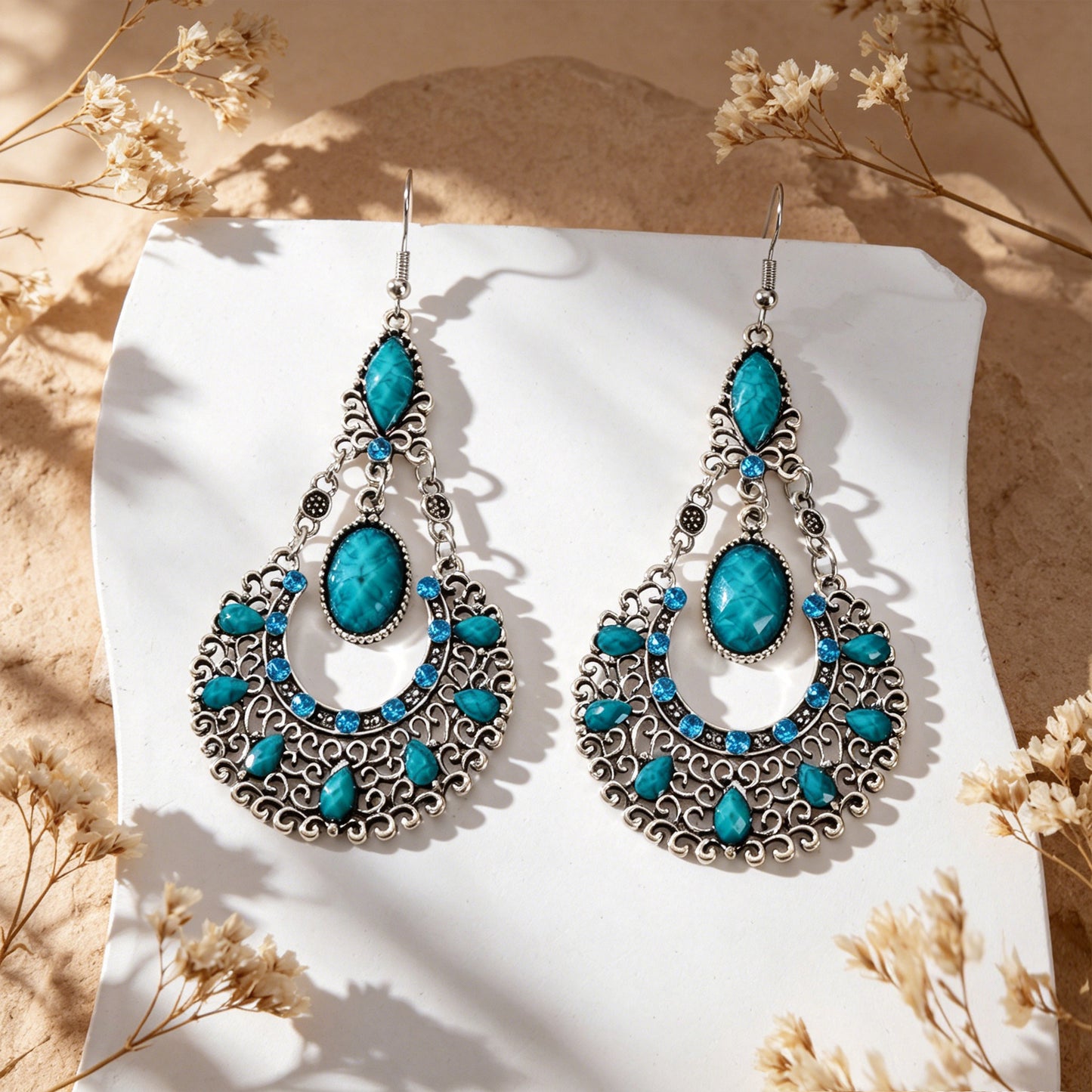 Boho Beads Decor Antique Silver Water Drop Dangle Earrings Beach Vacation Travel Jewelry