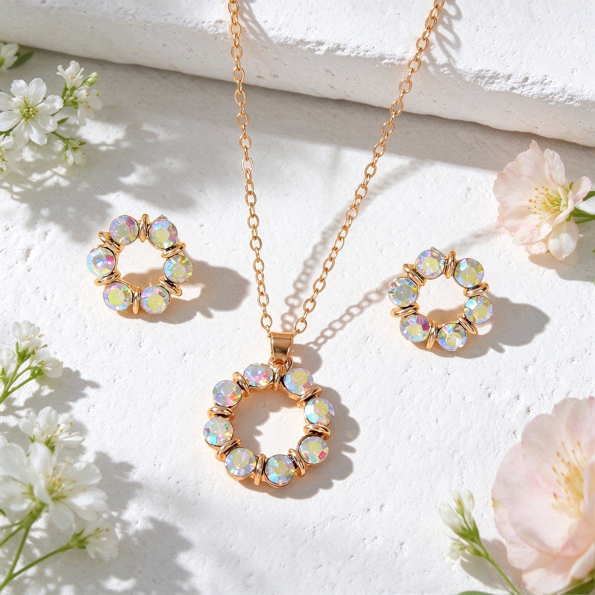 Glitter Flower Stud Earrings Pendant Necklace Jewellery Set Wedding Accessories