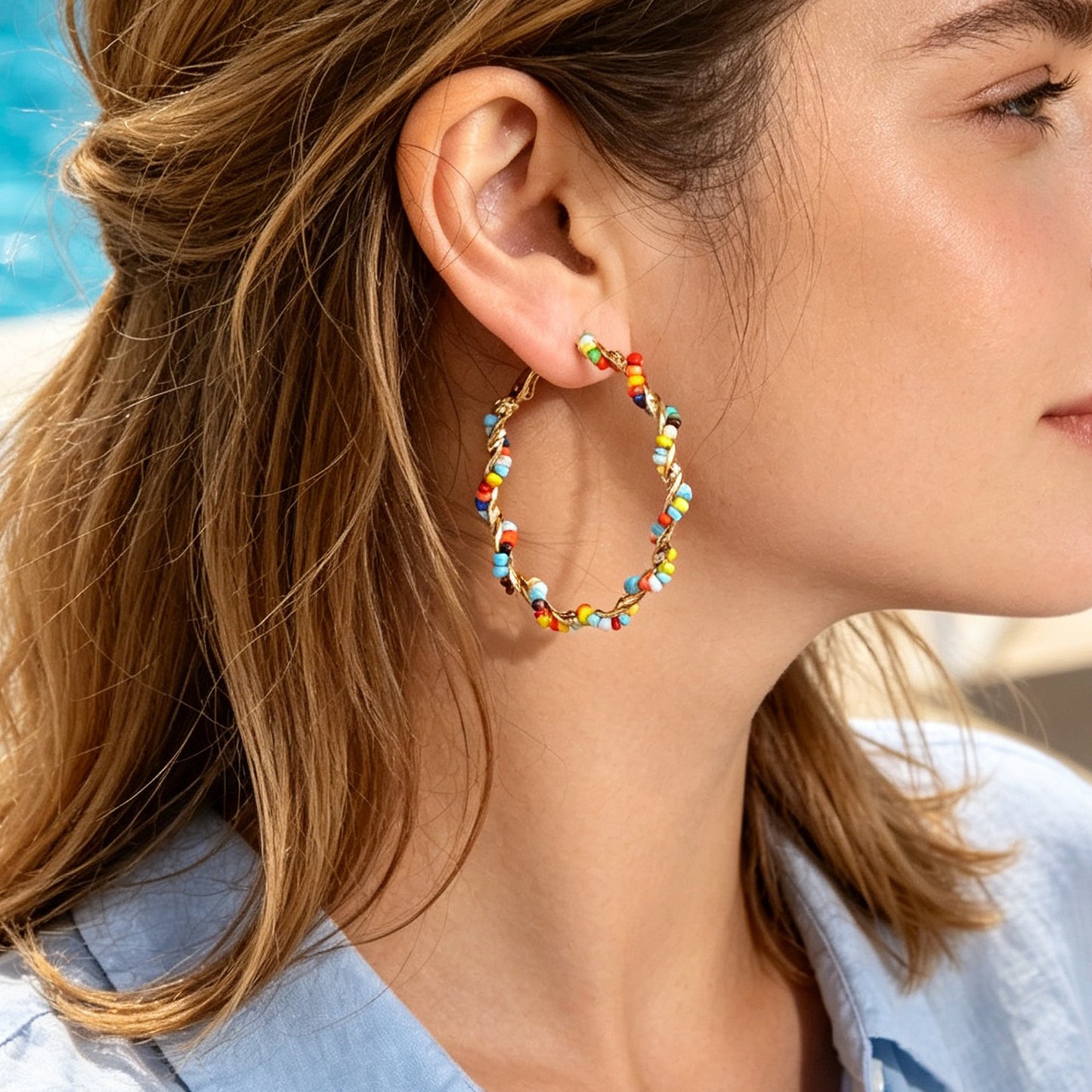 Bohemian Beaded Large Twist Circle Hoop Earrings Summer Beach Holiday Statement  Jewelry