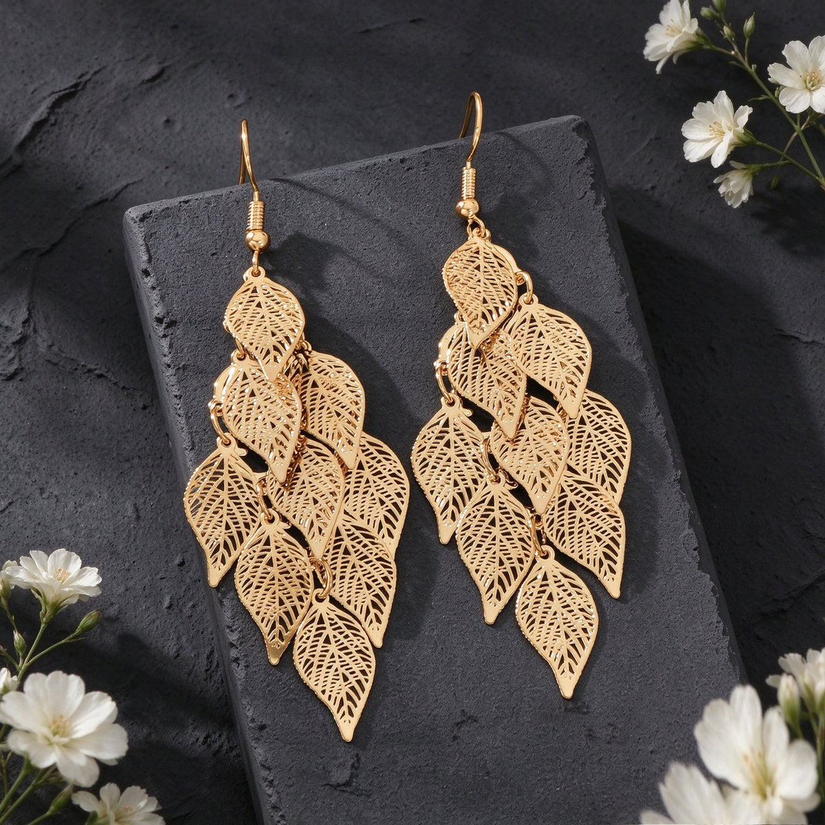 Hollow Multi Layer Leaf Tassel Dangle Earrings Boho Vacation Party Jewelry Gift