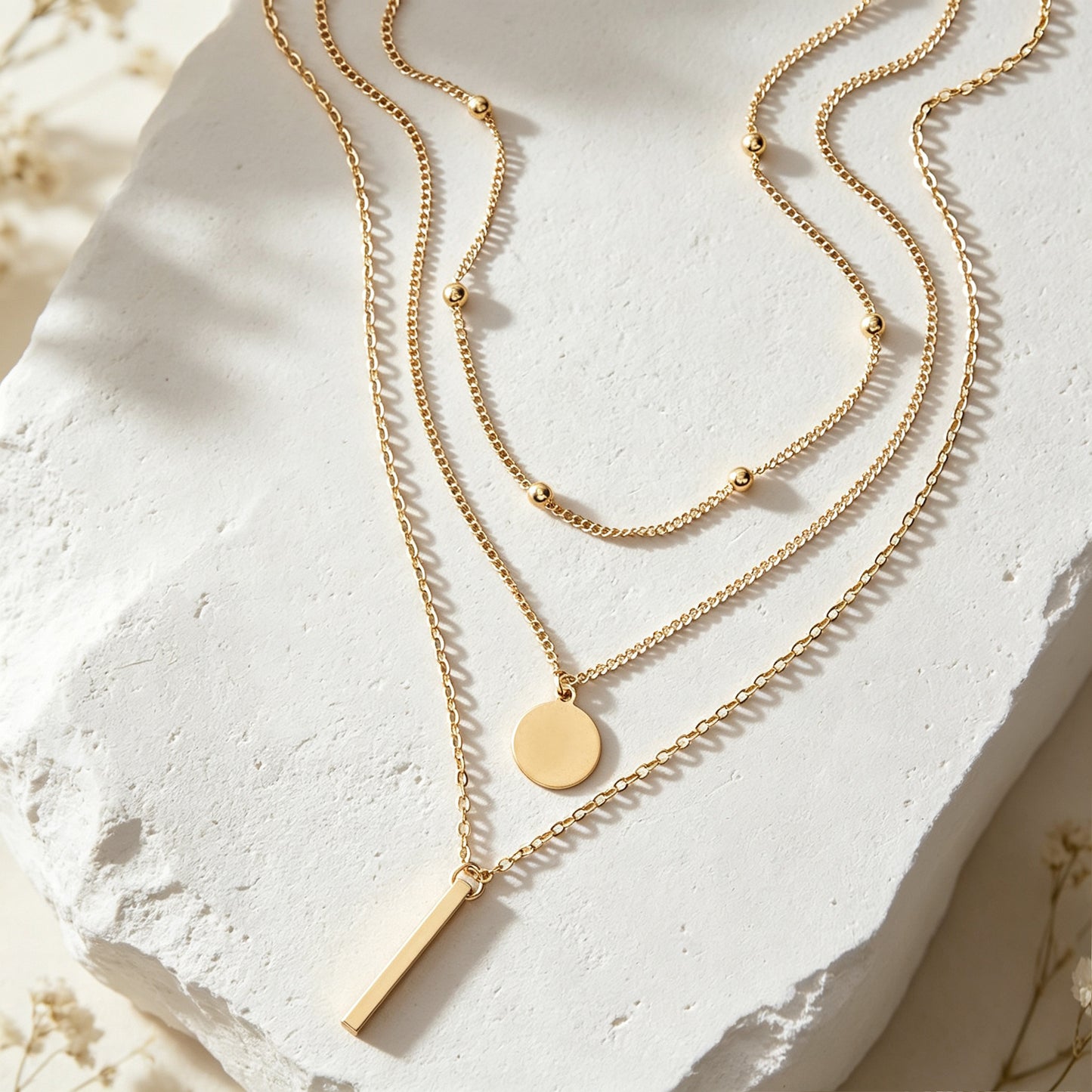 Minimalist Gold Silver Round Disc Bar Pendant Necklaces set Daily Party Jewelry