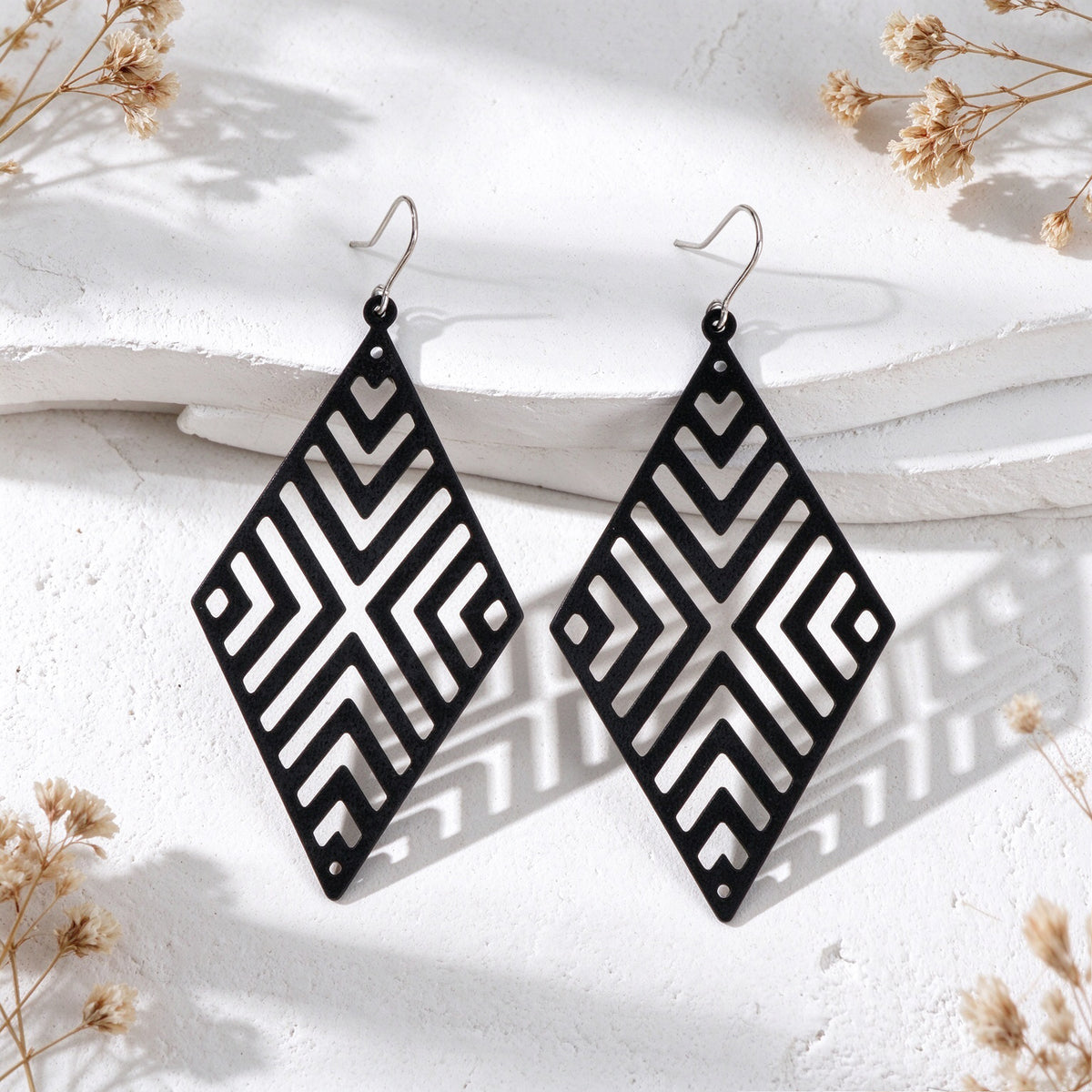 Rhombus Hollow Geometric Large Dangle Earring Black Silver Gold Vacation Jewelry