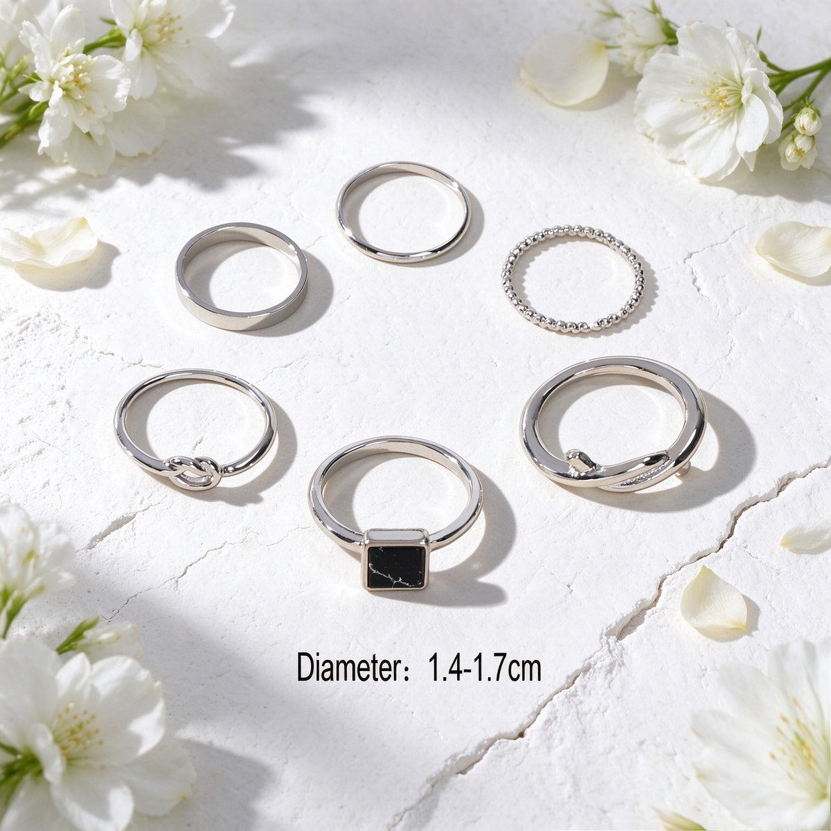 6pcs Minimalist Black Square Geometric Silver Gold Stackable Knotted Finger Ring