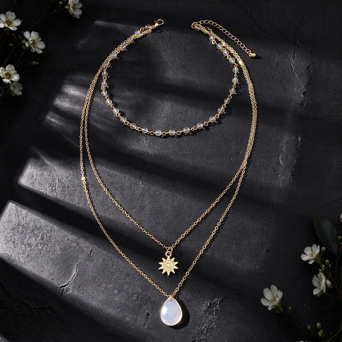 Beads Sun Water Drop Gold Silver Layered Necklace Boho Beach Vacation Jewellery