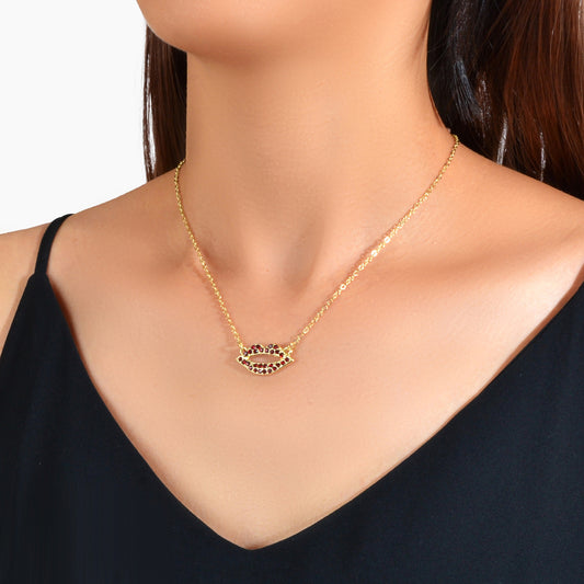 Valentine's Day Lover Gift Jewelry Gold Chain Red Rhinestone Lips Charm Necklace