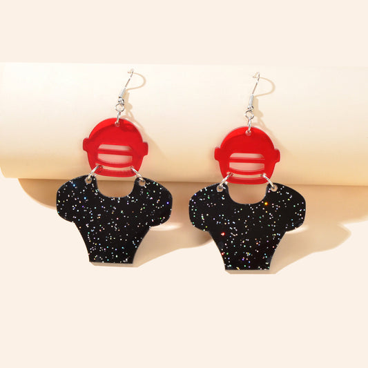 Black Resin Footy Player Dangle Earrings Cool Punk Rugby Athlete Sport Jewellery