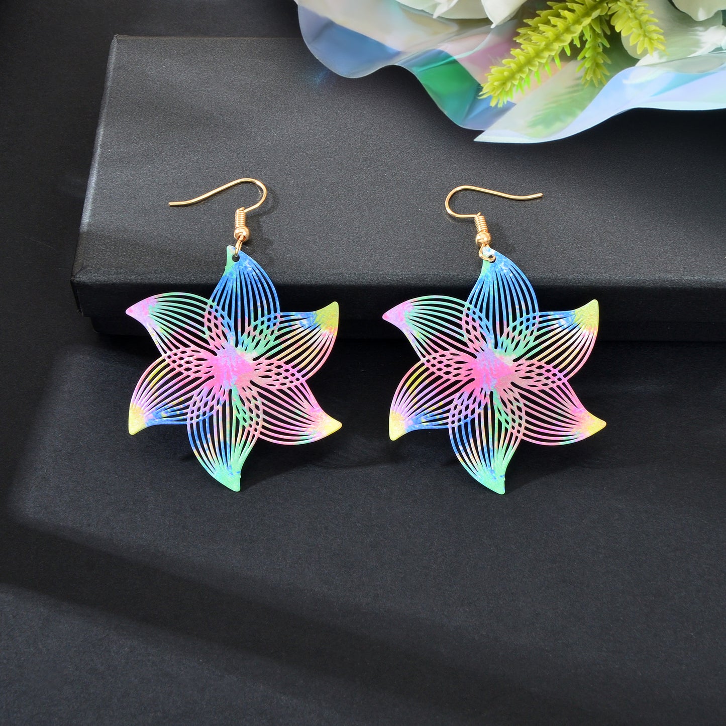 Y2k Jewelry Colorful Hollow Flower Metal Dangle Earrings Party Daily Vacation Jewelry Rave Accessories