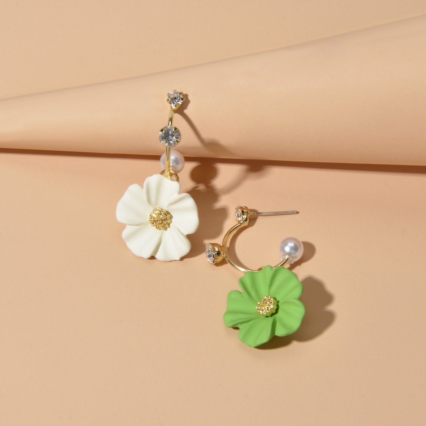 Ladies Jewellery Rhinestone Pearl Yellow Green Flower Asymmetric Dangle Earrings