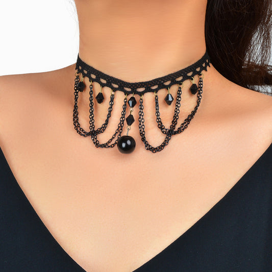 Halloween Retro Necklace Black Bead Charm Lace Neck Tassel Chain Collar Choker