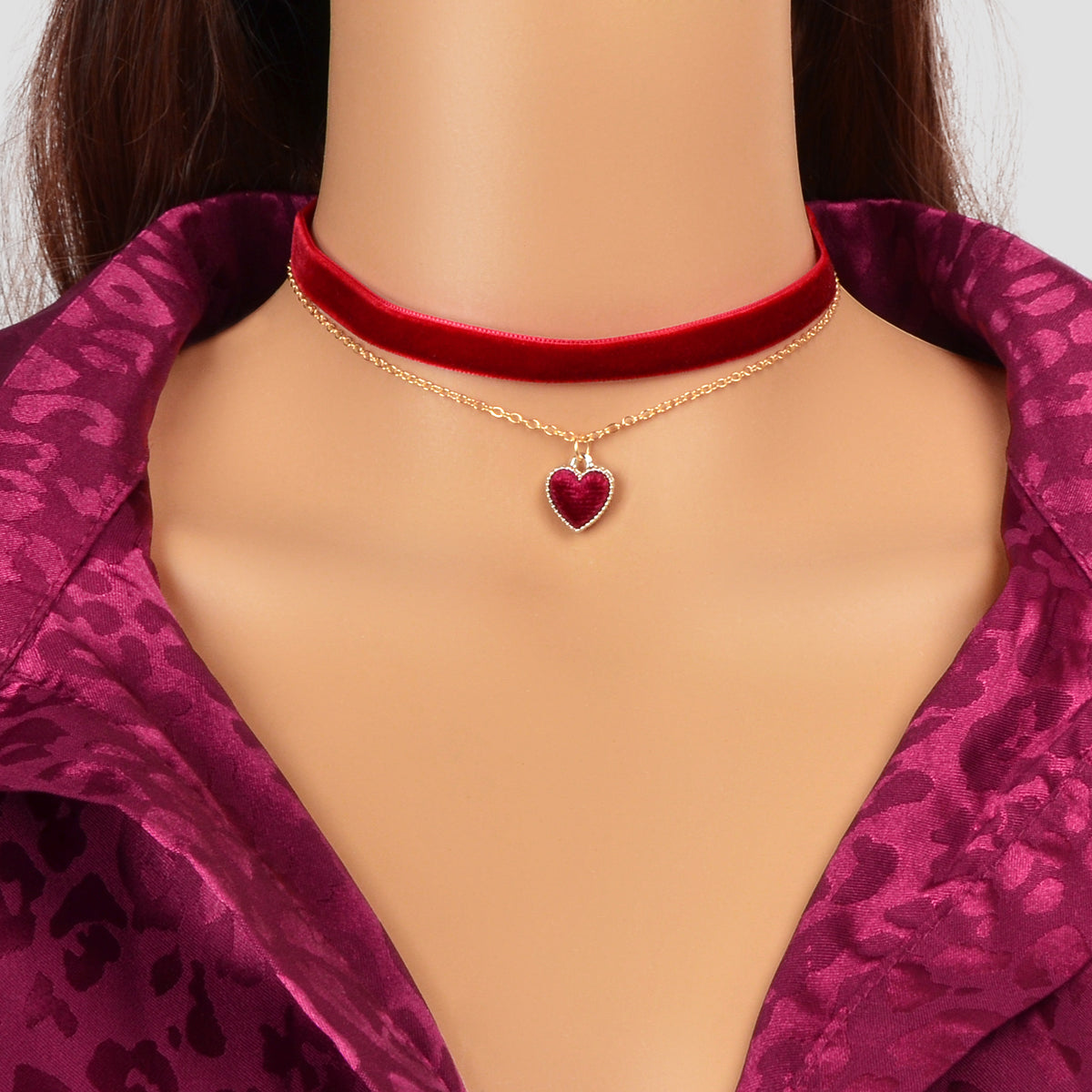 Retro Red Black Velvet Short Choker Gold Chain Double layer Heart Charm Necklace