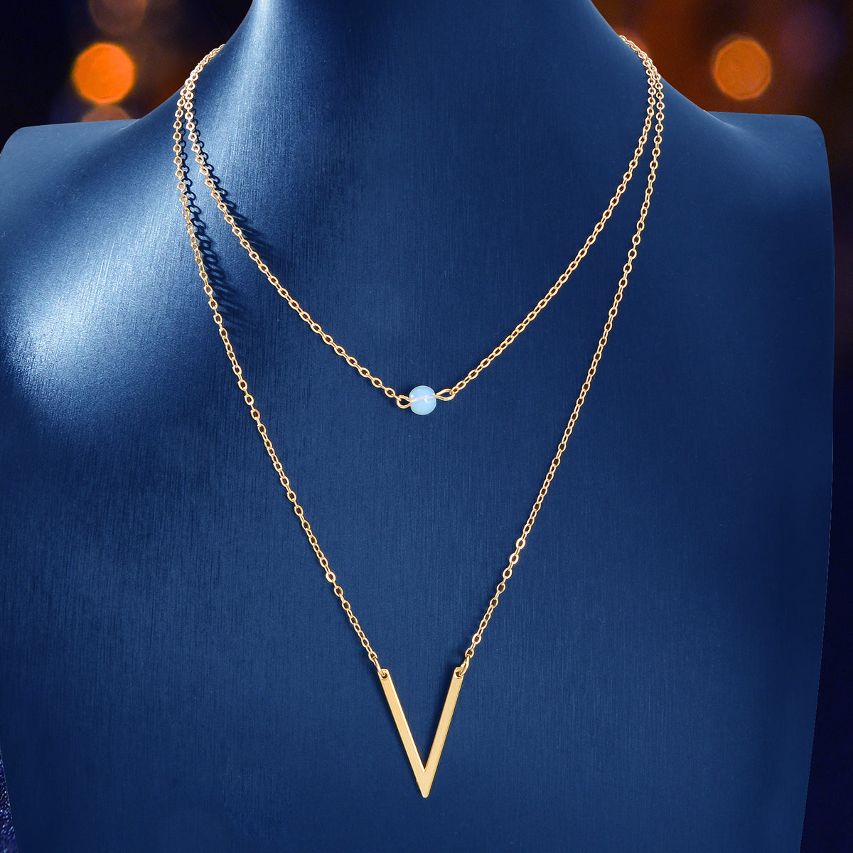Double layer Gold Chain Letter V Shape Geometric Pendant Necklace Jewellery Gift