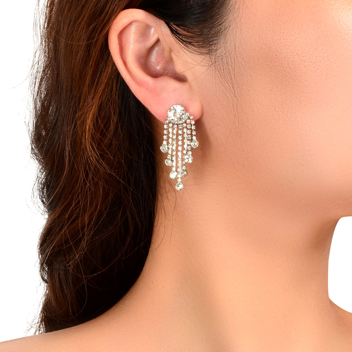 Shiny Bridal Cubic Zirconia Tassel Silver Chain Chandelier Charm Fringe Earrings