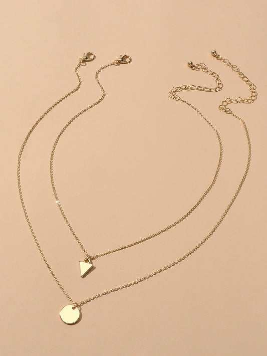 2pcs Minimalist Style Women Accessories Gold Chain Triangle Round Charm Necklace